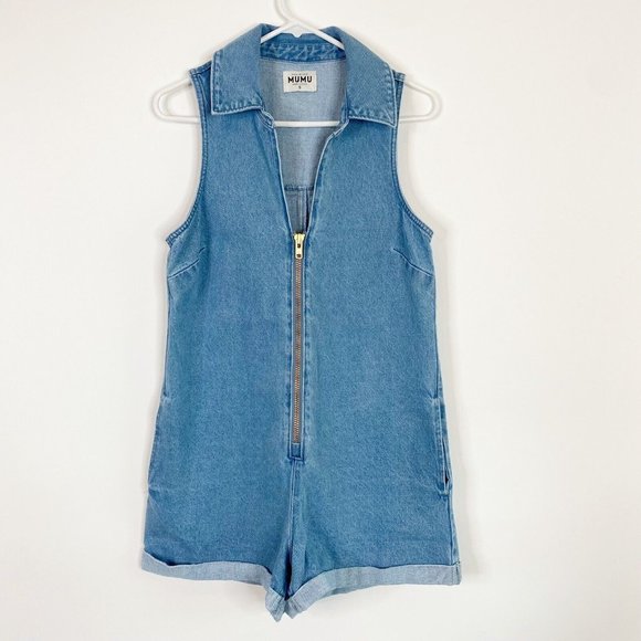 Show Me Your Mumu Reno Romper Small S Light Wash Denim Zip Front Pocket Revolve - Picture 2 of 8